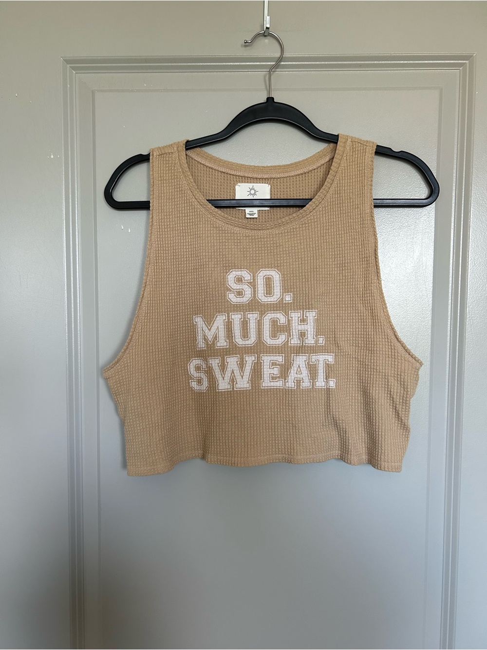 aerie Beige Waffle Knit Cropped Tank with White 'SO. MUCH. SWEAT.' Graphic